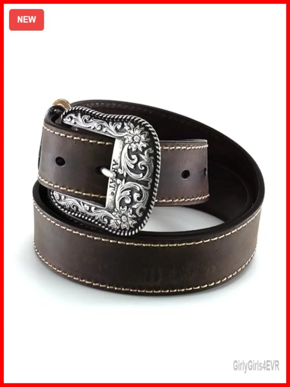 Genuine Leather Western Belt Heavy Stitched Floral Buckle
